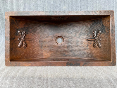 Rectangular Copper Bath Sink Dragon Fly Design, Available in 20