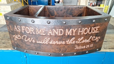 Rounded Front  Copper Kitchen Farmhouse Sink with  Joshua 24:15 Verse  | Two Well Farmhouse 9