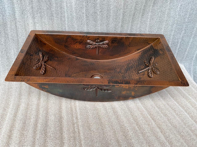 Rectangular Copper Bath Sink Dragon Fly Design, Available in 20