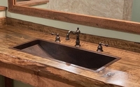 Image Rectangular Copper Bathroom Sink Shown in Aged Copper Patina