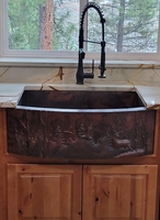 Image Copper Kitchen Farmhouse Sink Rounded Front<b> WOODLAND</b> Rio Grande Patina